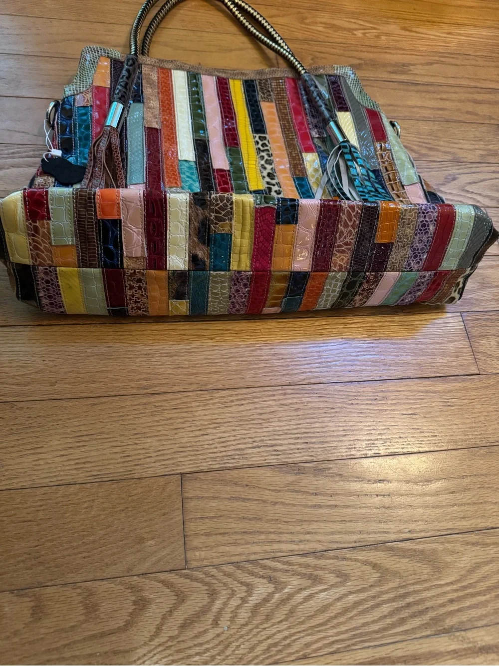 Multicolor Patchwork Faux Exotic Embossed Tote Shoulder Bag Boho Unique Eclectic